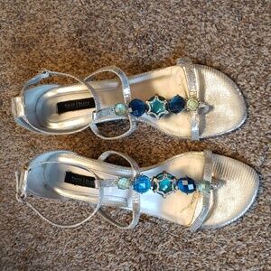 Silver jeweled low wedge whbm sandals sz 10 'Nezhra'